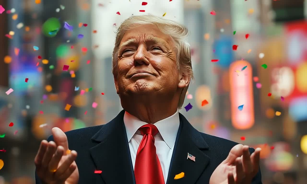 Generative artwork of President Trump surrounded by colorful parade confetti